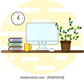 My workspace. Table, computer, flower, cup of tee, clock, books are on the table. Home office. Comfortable workplace isolated vector