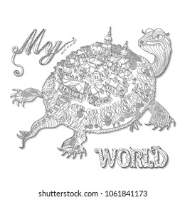 My world. Vector black and white outline letters, fantasy turtle silhouette, fairy landscape, trees, small town buildings and boats on a white background. T shirt print. Adults Coloring Book page