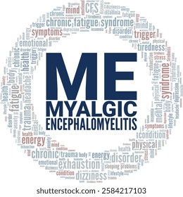 Myalgic Encephalomyelitis ME word cloud conceptual design isolated on white background.