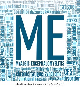 Myalgic Encephalomyelitis ME word cloud conceptual design isolated on white background.