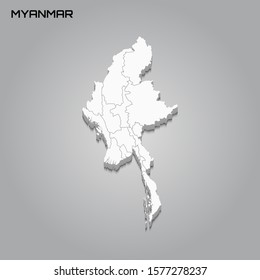 Myanmar 3d map with borders of regions. Vector illustration