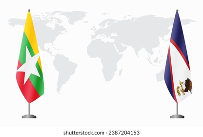  Myanmar and American Samoa flags for official meeting against background of world map.