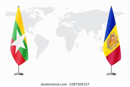  Myanmar and Andorra flags for official meeting against background of world map.