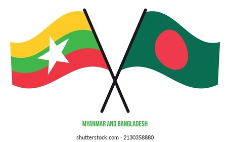 Myanmar and Bangladesh Flags Crossed And Waving Flat Style. Official Proportion. Correct Colors.
