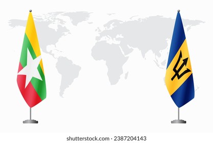  Myanmar and Barbados flags for official meeting against background of world map.