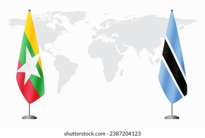  Myanmar and Botswana flags for official meeting against background of world map.