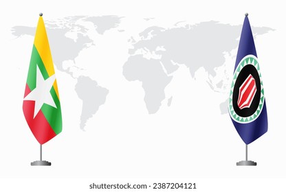  Myanmar and Bougainville flags for official meeting against background of world map.