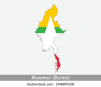 Mapa de la bandera birmana de Myanmar. Mapa de la República de la Unión de Myanmar con la bandera nacional birmana aislada de fondo blanco. Ilustración vectorial.