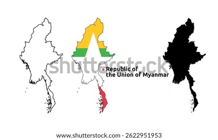 Myanmar Burma Map Vector - Country Outline, Flag Inside Map, Blank and Silhouette Version