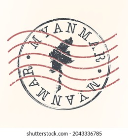 Myanmar (Burma) Stamp Map Postal. Silhouette. Passport Round Design. Vector Icon. Design Retro Travel National Symbol.