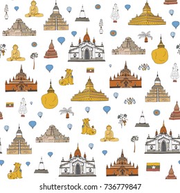 Myanmar Burma travel destinations doodle illustrations objects seamless vector pattern