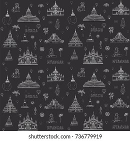 Myanmar Burma travel destinations doodle illustrations objects seamless vector pattern