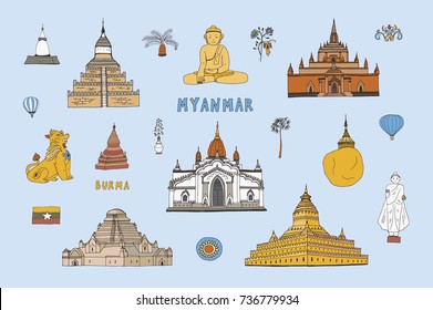 Myanmar Burma travel destinations doodle vector illustrations