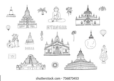 Myanmar Burma travel destinations doodle vector illustrations