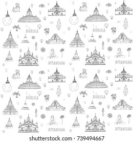 Myanmar Burma travel destinations doodle illustrations objects seamless vector pattern