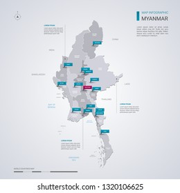 Myanmar (Burma) vector map with infographic elements, pointer marks. Editable template with regions, cities and capital Naypyidaw. 