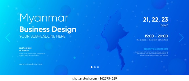Myanmar business design template with its own map and various design elements on the blue gradient background for web.