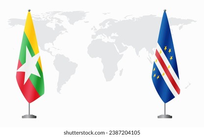  Myanmar and Cape Verde flags for official meeting against background of world map.