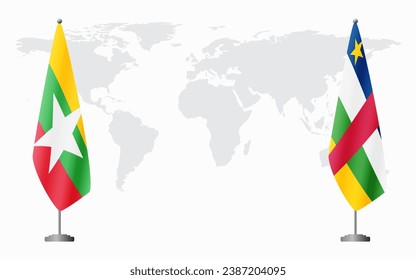  Myanmar and Central African Republic flags for official meeting against background of world map.