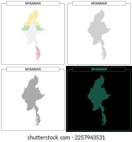 Mapa de puntos de ladrillo mosaico circular de Myanmar, conjunto de colores de bandera nacional, frontera de país de silueta negra aislada en fondo blanco, ilustración de vector geográfico