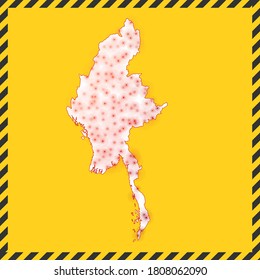 Myanmar closed - virus danger sign. Lockdown country icon. Black striped border around map with virus spread concept. Vector illustration.