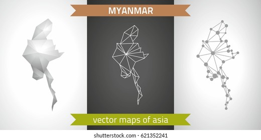 Myanmar collection of vector design modern maps, gray and black and silver dot outline mosaic 3d map