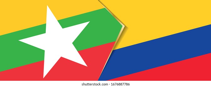 Banderas de Myanmar y Colombia, dos banderas vectoriales símbolo de relación o confrontación.