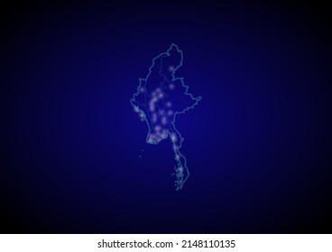 Myanmar concept vector map with glowing cities, map of Myanmar suitable for technology,innovation or internet concepts.