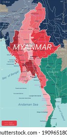 Myanmar country detailed editable map with regions cities and towns, roads and railways, geographic sites. Vector EPS-10 file