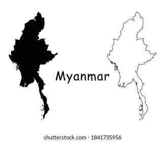 Myanmar Country Map. Black silhouette and outline isolated on white background. EPS Vector