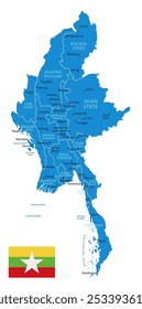 Myanmar - detailed blue country map with cities, regions. Vector illustration