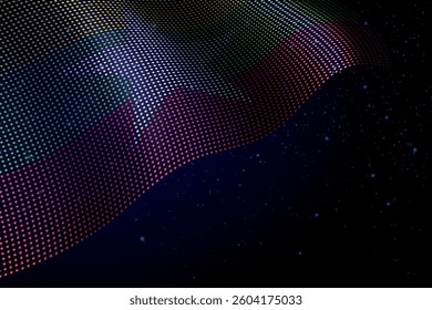 Myanmar digital flag made of dots, waving over a starry dark background
