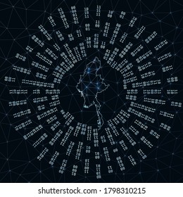 Myanmar digital map. Binary rays radiating around glowing country. Internet connections and data exchange design. Vector illustration.