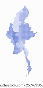 Myanmar dotted map. Digital style map of the country on white background. Myanmar shape with circle dots. Colored dots style. Small size circles. Trending vector illustration.
