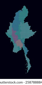 Myanmar dotted map. Digital style map of the country on a dark background. Myanmar shape with circle dots. Colored dots style. Small-sized circles. Creative vector illustration.