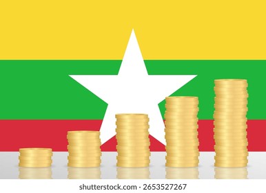Myanmar Economy. Flag of Myanmar with Coin Stack. Financial and Investment Concept. Vector Illustration.  
