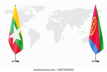  Myanmar and Eritrea flags for official meeting against background of world map.