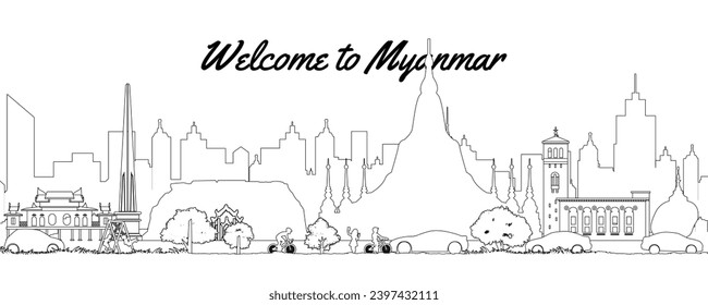 Myanmar famous landmark  in cityscape scene silhouette outline style front of towers,vector illustration