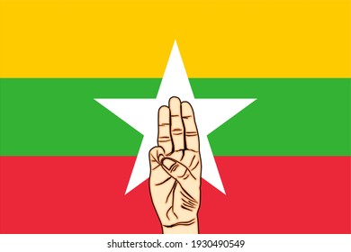 Myanmar Flag With 3 Fingers Hand Salute Gesture Protest Banner