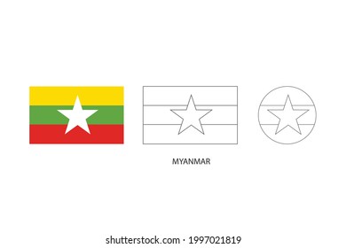 Myanmar flag 3 versions, Vector illustration, Thin black line of rectangle and the circle on white background.