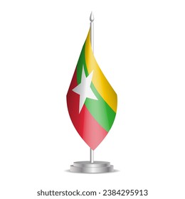 Myanmar flag - 3D mini flag hanging on desktop flagpole. Usable for summit or conference presentaiton. Vector illustration with shading.