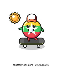 myanmar flag badge character illustration ride a skateboard , cute design