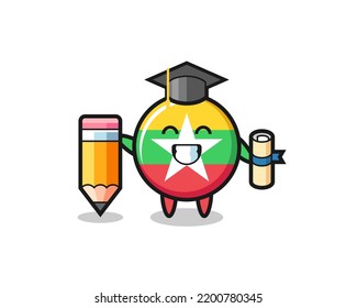 myanmar flag badge illustration cartoon is graduation with a giant pencil , cute design