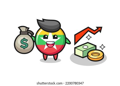 myanmar flag badge illustration cartoon holding money sack , cute design