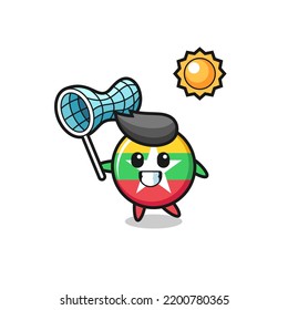 myanmar flag badge mascot illustration is catching butterfly , cute design