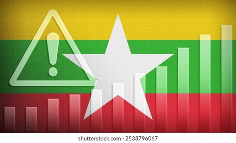 Myanmar flag with burlap texture, warning sign, and rising bar chart symbolizing increasing risk or growth challenges in the country. Ideal for data presentations.