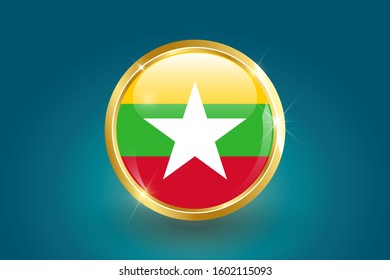 Myanmar flag in the form of a circle, can be used for independence day or other events. Myanmar icon gold glossy badge button with Myanmar flag and shadow on light background. vector illustration. 