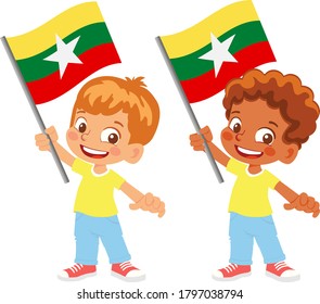 Myanmar flag in hand. Children holding flag. National flag of Myanmar vector