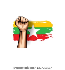 Myanmar flag and hand on white background. Vector illustration