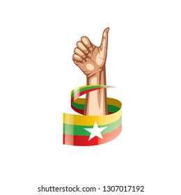 Myanmar flag and hand on white background. Vector illustration